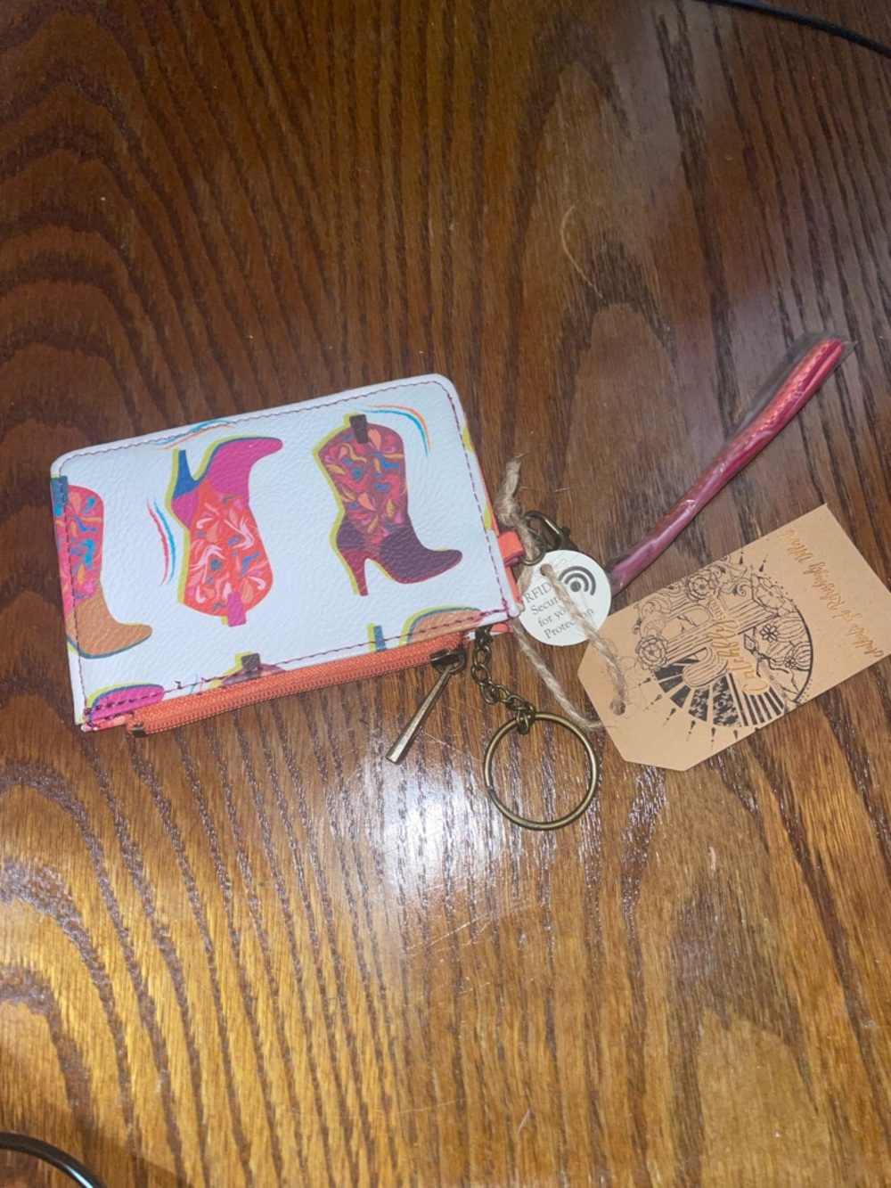 Womens White Multi Cowboy Boot Print Zip Card Wallet with Pink Wrist Strap